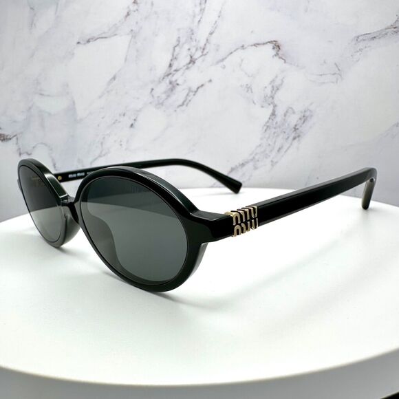 New MIU MIU Sunglasses Black Acetate Slim Round Gold Metal Logo Authentic Women - Picture 9 of 16